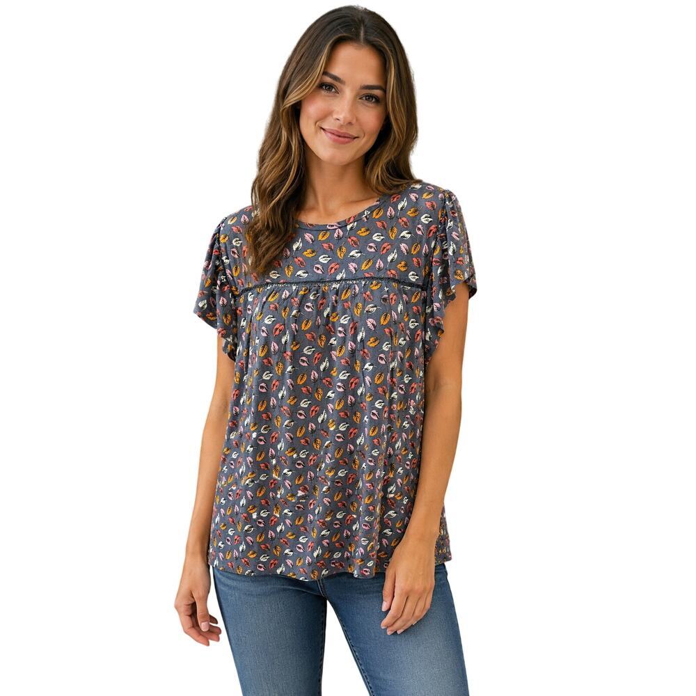 Loft XL leaf print multicolor flutter sleeve career casual relaxed slub blouse